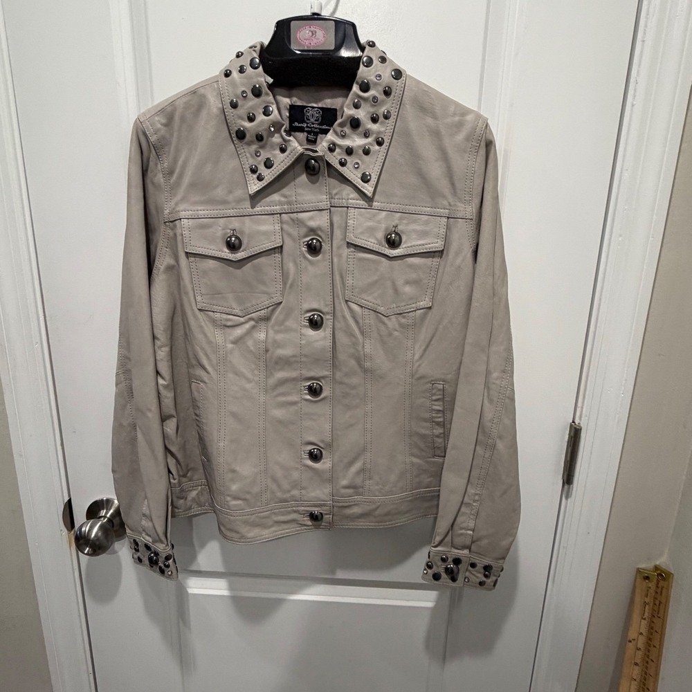 Sharif Womens Leather Jacket Studded Leopard Beige Large